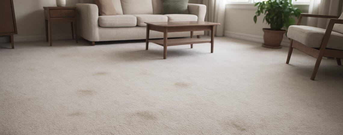 Tapis beige avec plusieurs taches visibles dans un salon lumineux au mobilier en bois clair