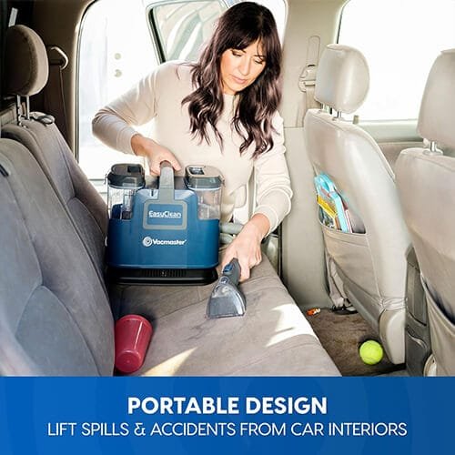 Shampouineuse Vacmaster SCB0501 utilisée pour nettoyer les sièges de voiture grâce à son design portable et compact