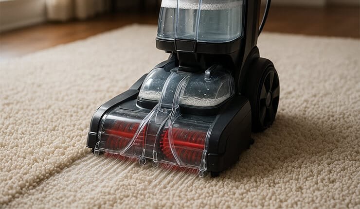 Shampouineuse en action nettoyant un tapis beige avec des brosses rotatives et de l’eau savonneuse