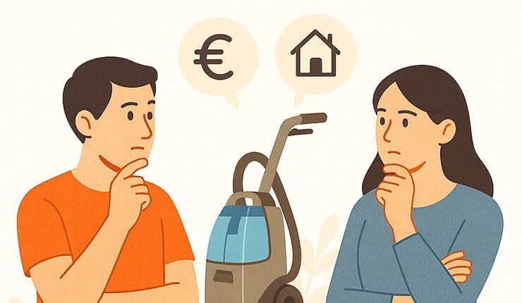 Illustration d’un homme et d’une femme réfléchissant entre la location et l’achat d’une shampouineuse, avec une machine au centre et deux bulles représentant un symbole euro et une maison.